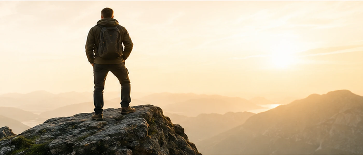 Person på en bergstopp i morgonljus