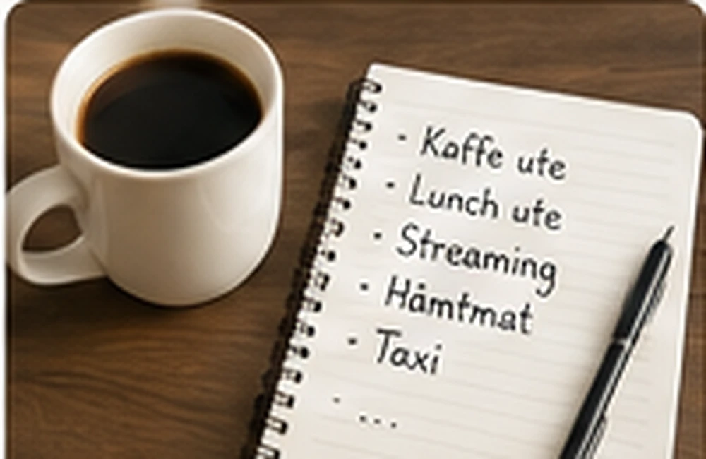 Anteckningsbok och kaffe som symboliserar vardagskostnader
